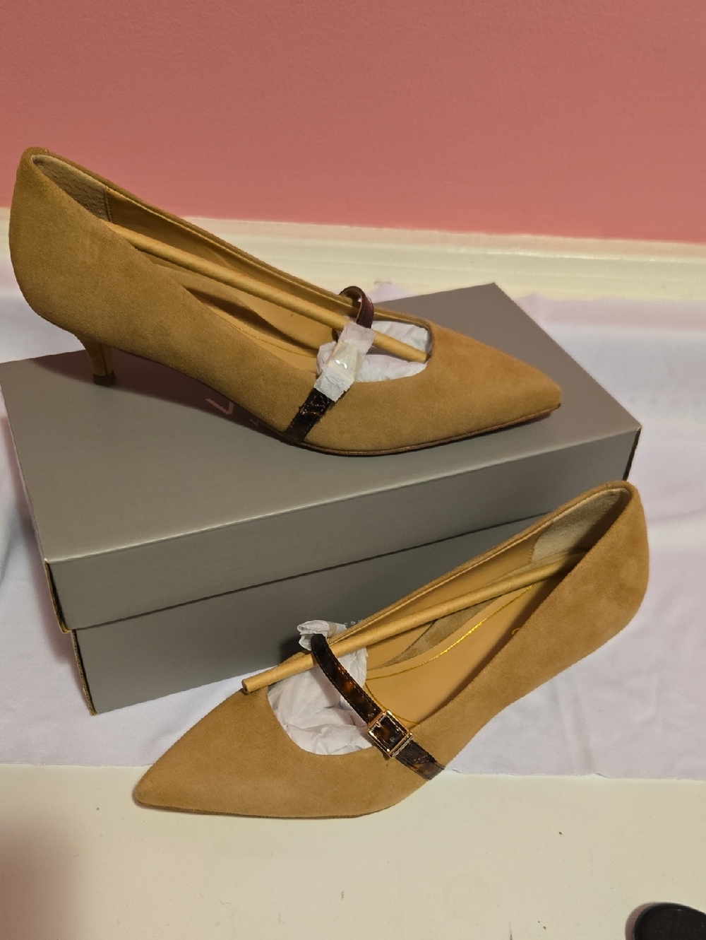Vionic Tan Suede Pointed Mary Jane Pumps with Dark Brown Strap - Picture 2 of 5